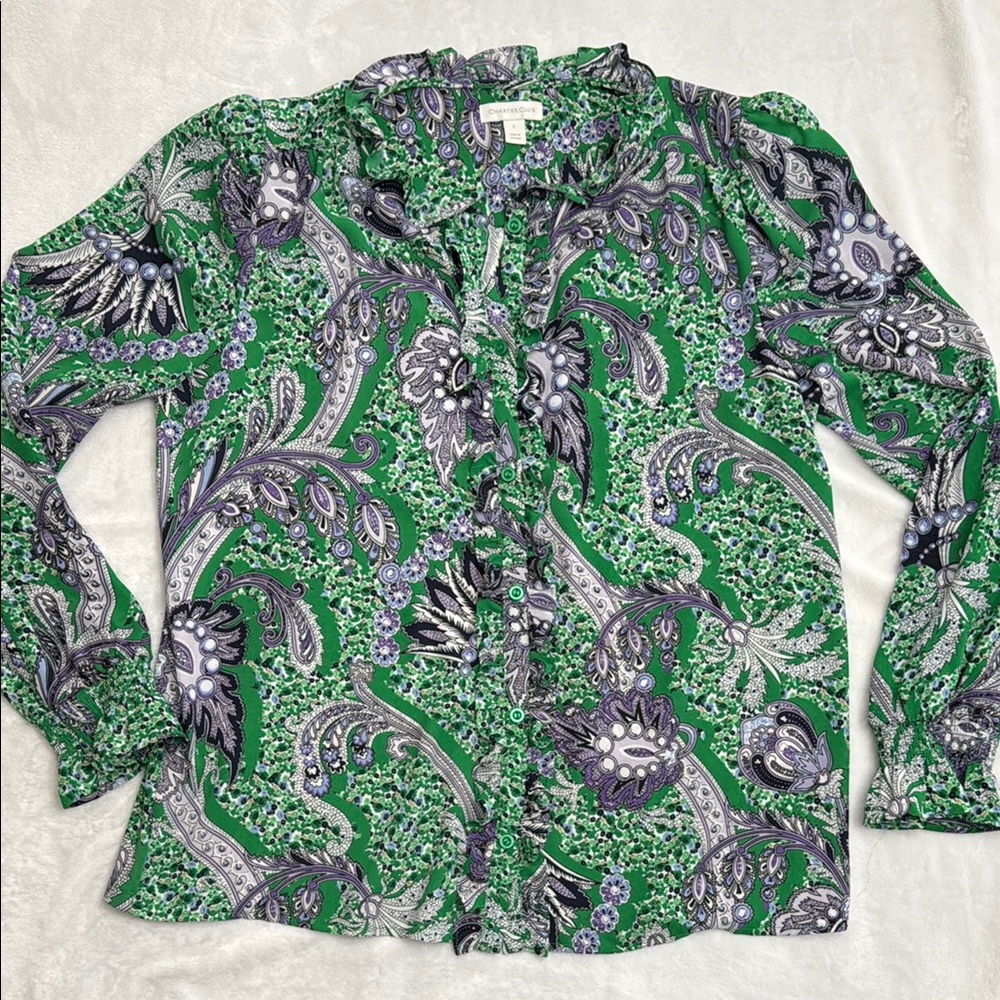 Charter Club Paisley Button Front Blouse Green Purple | Women’s Large